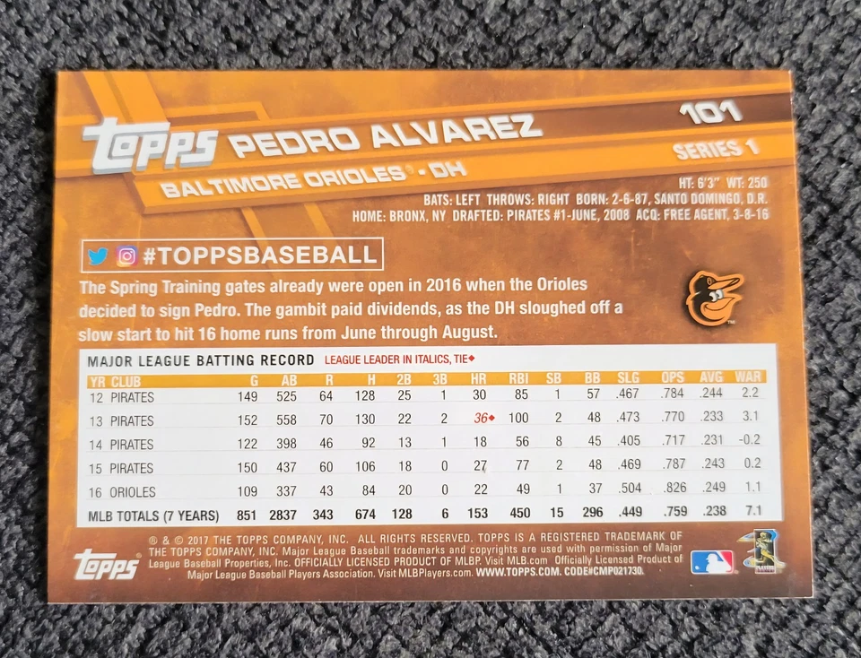 PEDRO ALVAREZ - 2017 Topps Series 1 #101  **MINT**  FREE SHIP & RETURN! - Image 2 of 2