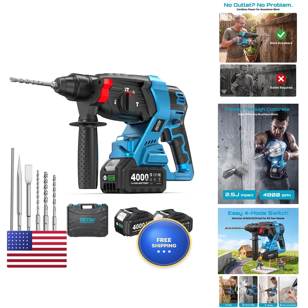 Seesii EH09P-US 1 inch Cordless SDS Plus Rotary Hammer Drill 2.5J Brushless