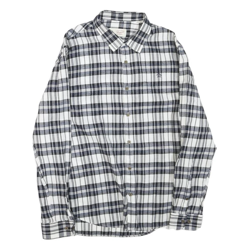 ORIGINAL PENGUIN Hommes Bleu & Blanc Plaid Chemise XL Coton Mélange Décontracté - Photo 1/4