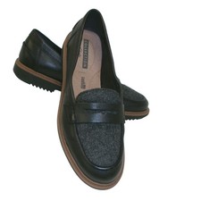 Clarks Collection Black Leather Tweed Penny Loafer Shoes Women's 6