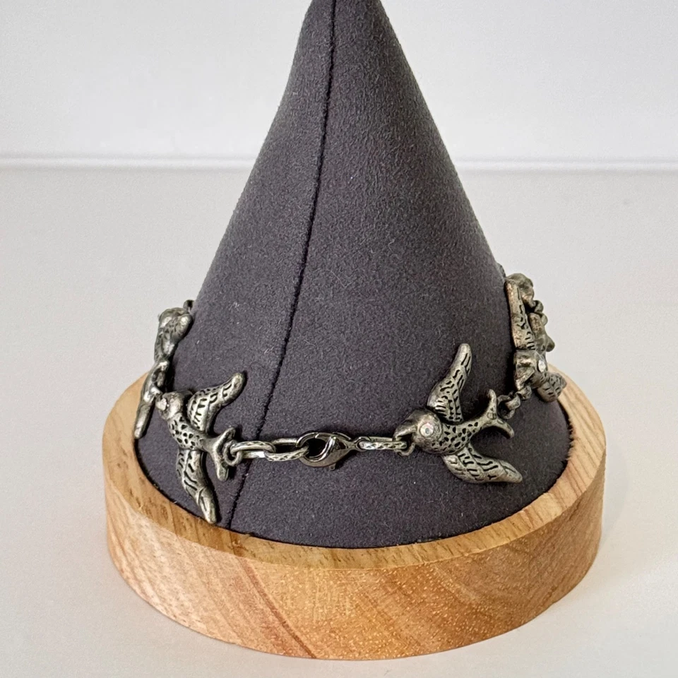 Flying Swallow Bird Charm Bracelet Rhinestone Eyes Silver Tone - Image 4 of 4