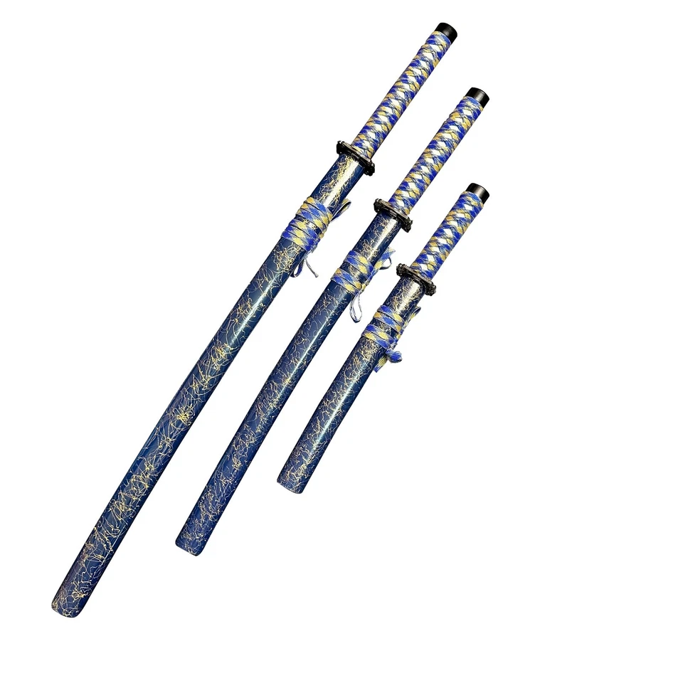 Conjunto de 3 Espadas Samurai com Suporte – Bainha Crackle Azul e Dourada, Aço 1095 - Imagem 2 de 4