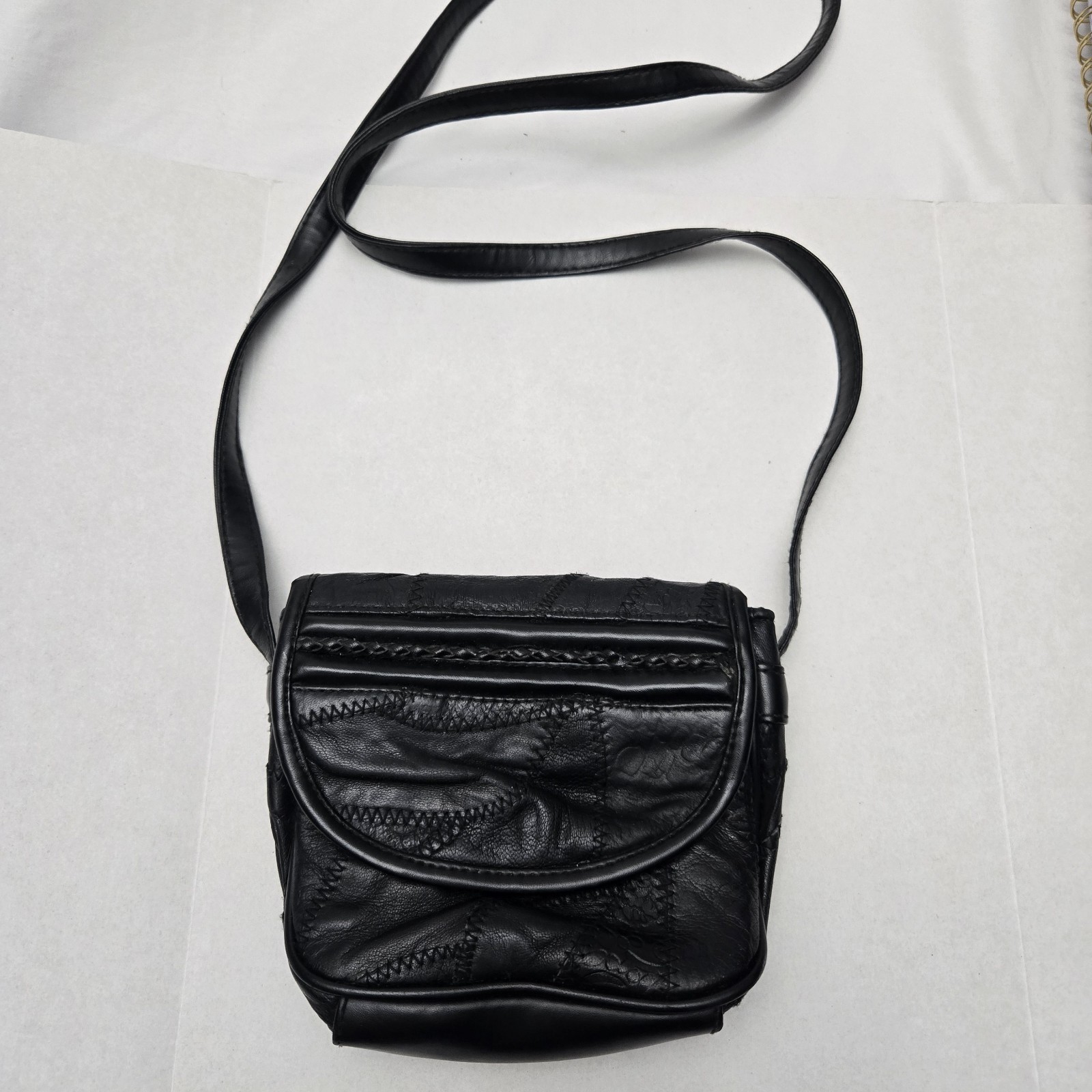 Mini Black Faux Leather Patchwork Crossbody Purse Boho Hippie 70s Steampunk 