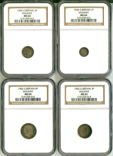 1902 Great Britain 1P MS64 2P MS64 3P MS63 4P MS64 Maundy NGC King Edward VII