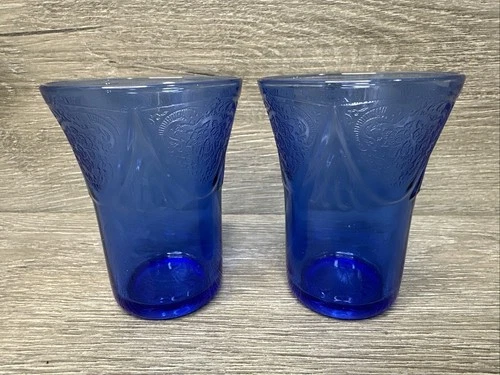 Set of 2 Hazel-Atlas Depression Glass Royal Lace Cobalt Blue 9 oz. Flat Tumblers