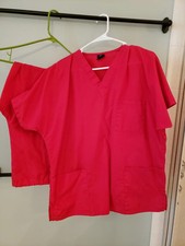 Set 2 Pcs of Barco Lipstick Red Scrub Top  Pants Size L LP Large Petite