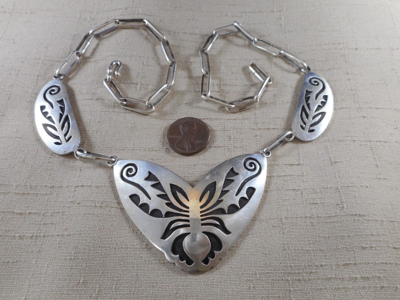 VINTAGE Hopi sterling silver overlay necklace with BUTTERFLY DESIGN