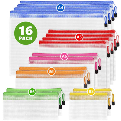 16 Pack Assorted Sizes Plastic Mesh Zipper Pouches for Storage Organize Board