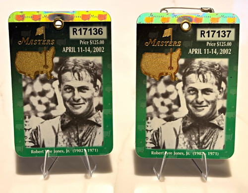 2 Masters 2002 Golf Ticket Badge Passes Tiger Woods wins consecutively numbered