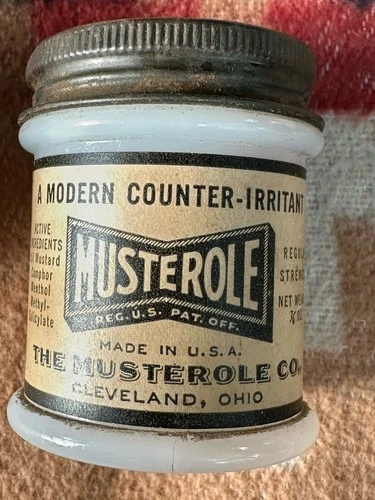 Vintage Musterole Milk Glass Ointment Jar 1/8th full