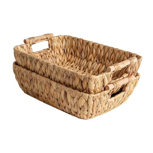Hand-Woven Large Water Hyacinth Wicker Storage Baskets with Wooden Handles