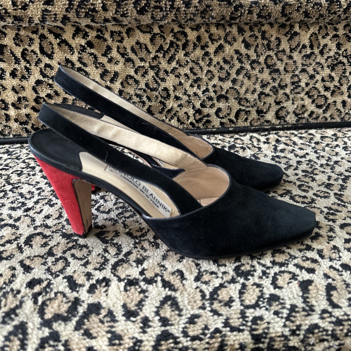 Manolo Blahnik Rare Early 90s Black Suede Red Heel High Cut