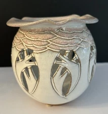 Reticulated Art Pottery Tree Vessel Candle Holder Signed Davis '97 Stoneware Vtg