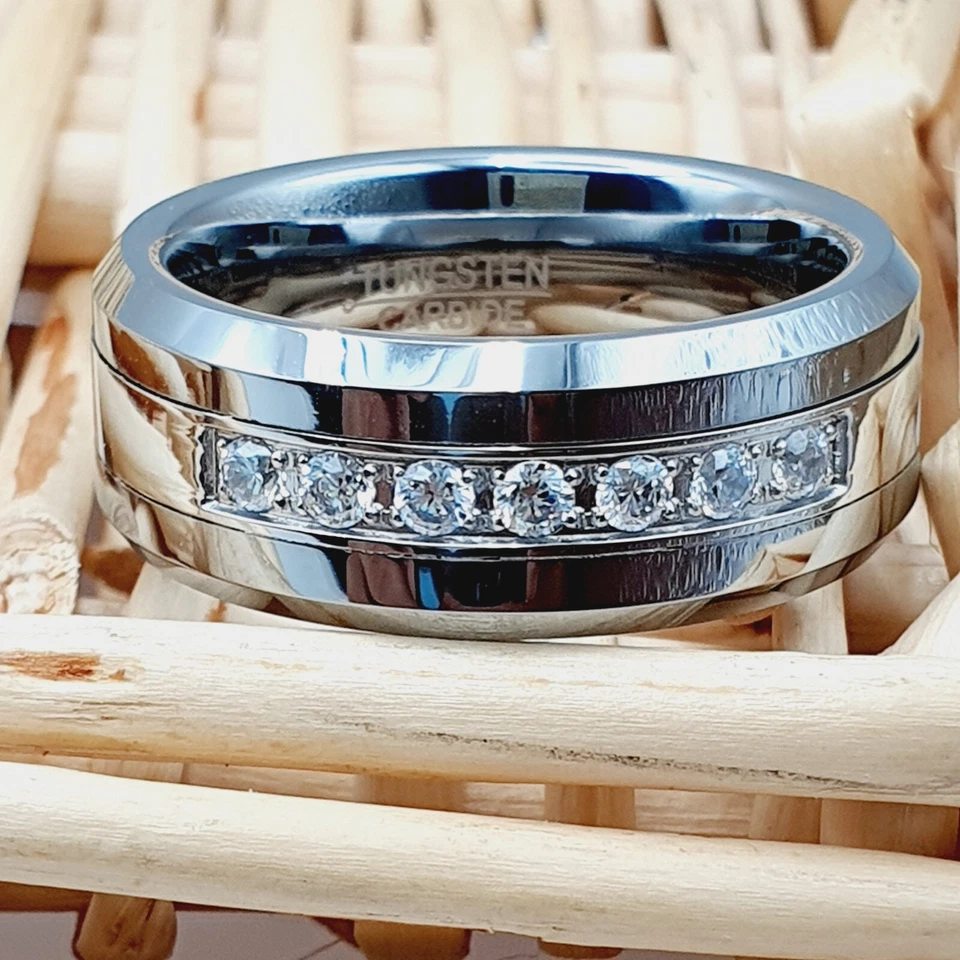 Anillo de compromiso de plata de tungsteno alianzas de boda para hombre anillo de promesa con incrustaciones de circonita cúbica blanca Foto 3 de 4