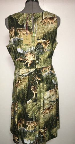 OAK Green Brown Ivory Forest wolves vintage style dress Size Large (12-14 US) - Picture 5 of 12