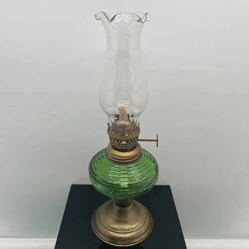 Green Glass Mini Oil Lamp Hurricane Hong Kong 6” Vintage Miniature Works Unused