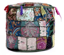 Indian Patchwork Pouf Living Room Decorative Ottoman, Heavy Embroidery Footstool