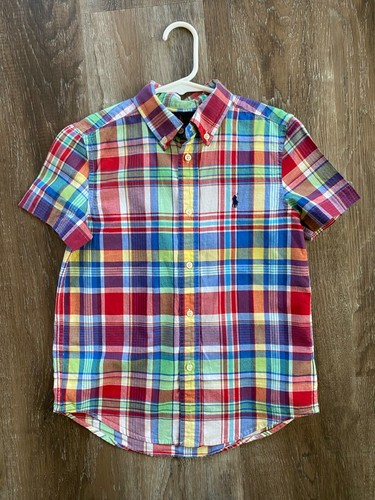 RALPH LAUREN~Multicolor Plaid Button Down Shirt~7~Collared Polo~s/s~red~blue~