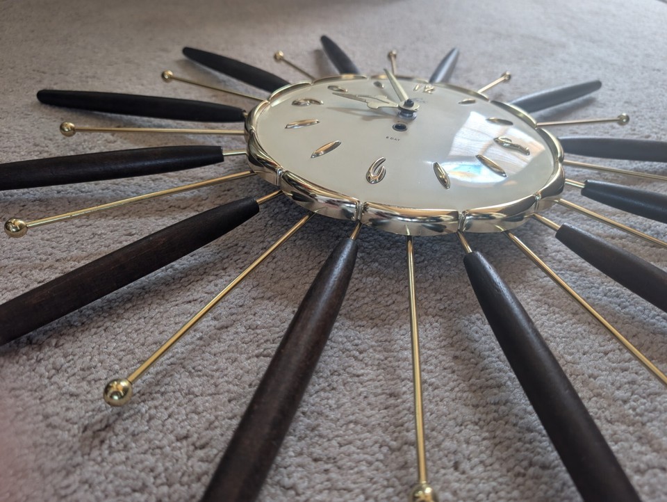 1960s MCM Robert Shaw Lux Sunburst Windup 8 Day Clock, Great Condition