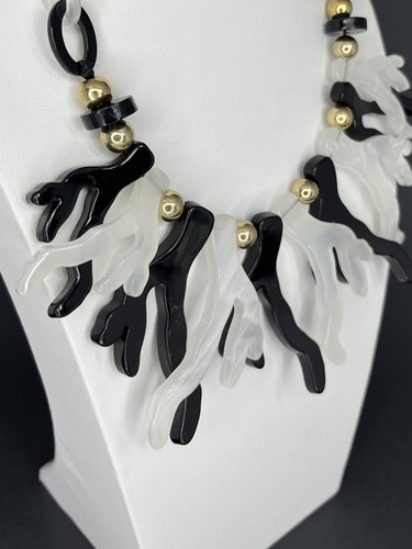 Lucite Resin Statement Necklace Black White Fringe Bib Chunky Modernist - Picture 2 of 9