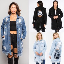 American Bazi Women's Casual Stylish Long Distressed Denim Jean Jacket RJK741