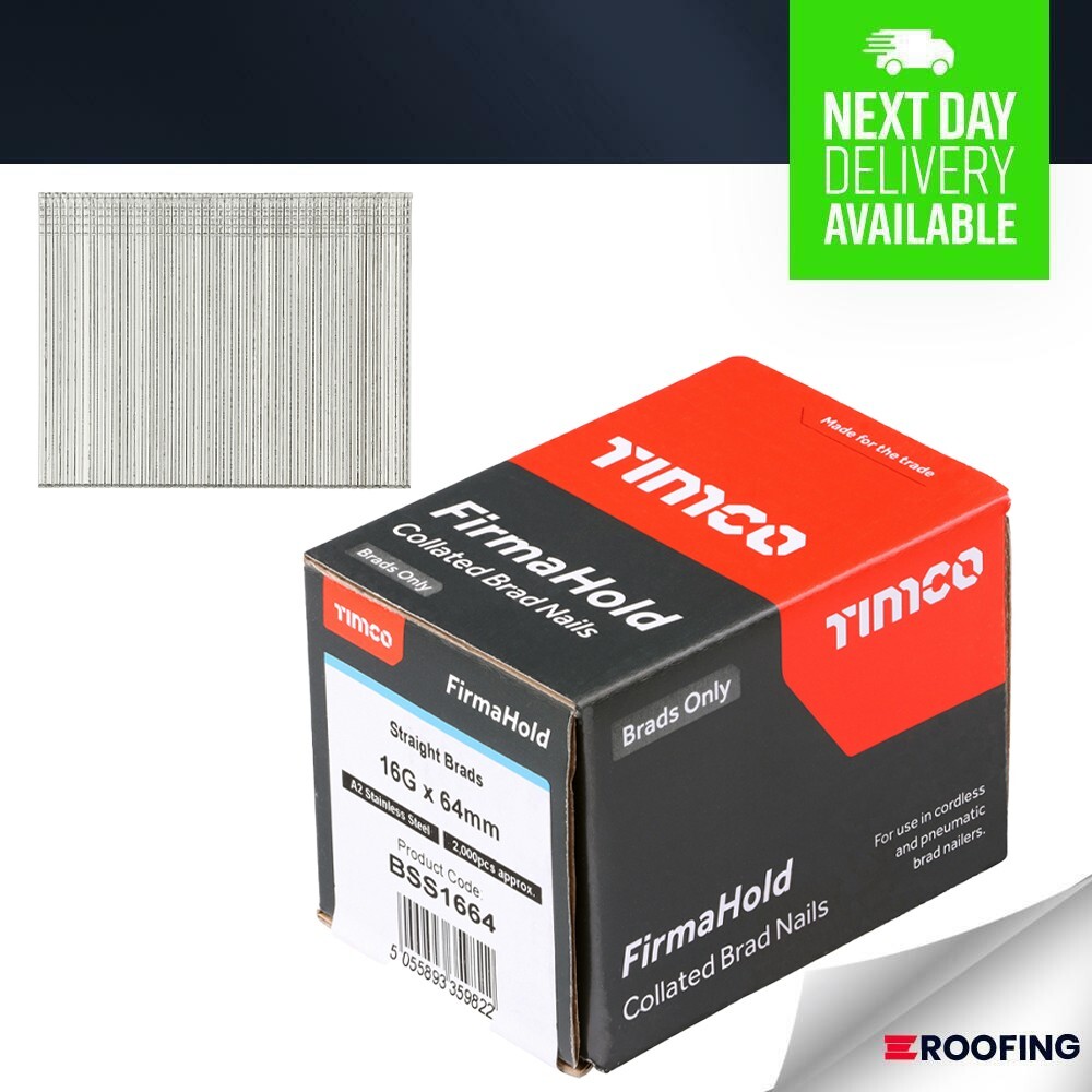 Timco 16g x 64 FirmaHold Collated Straight Brad Nails A2 SS **2000 Pieces**