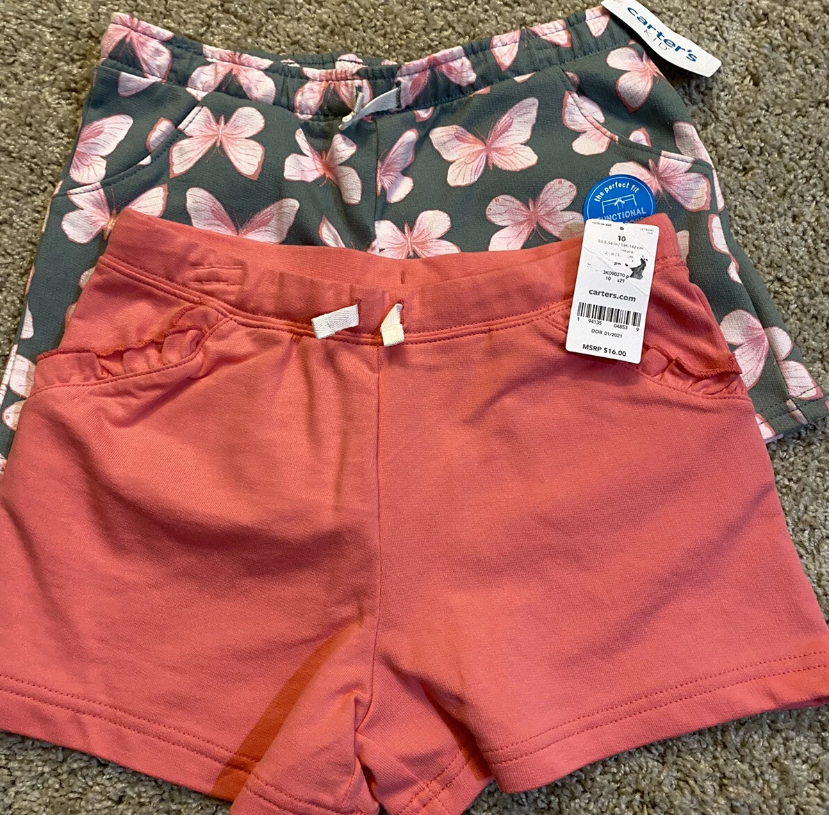 CARTER S Lot of 2 Big Girls Shorts Green Butterfly Solid Pink
