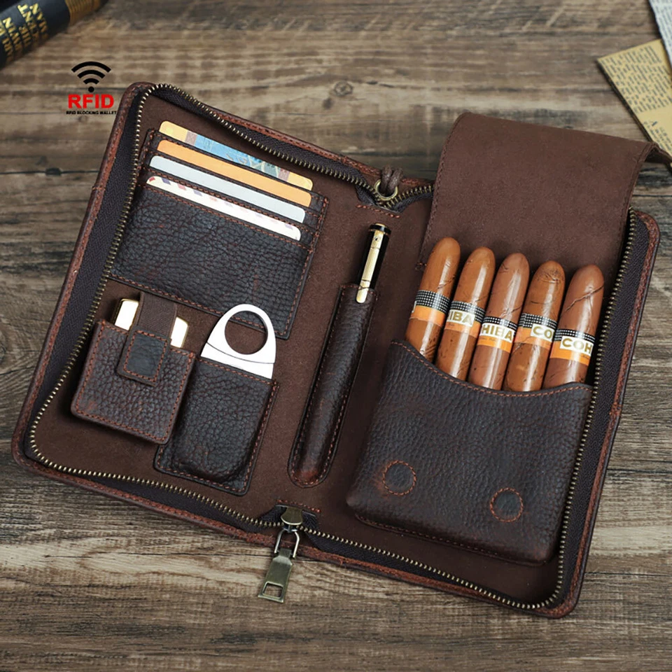 Genuine Leather Cigar Case Passport Travel Humidor set Lighter cutter Pocket Box - Image 3 of 4