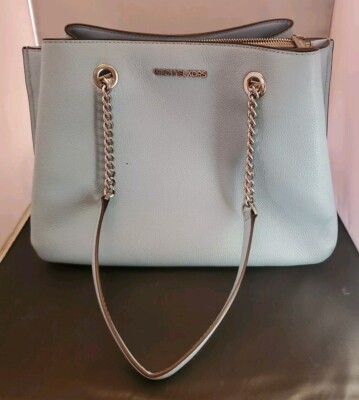 Michael Kors Teagan LG Long Drop Satchel Bag Lt Sky Blue MK logo print  Lining