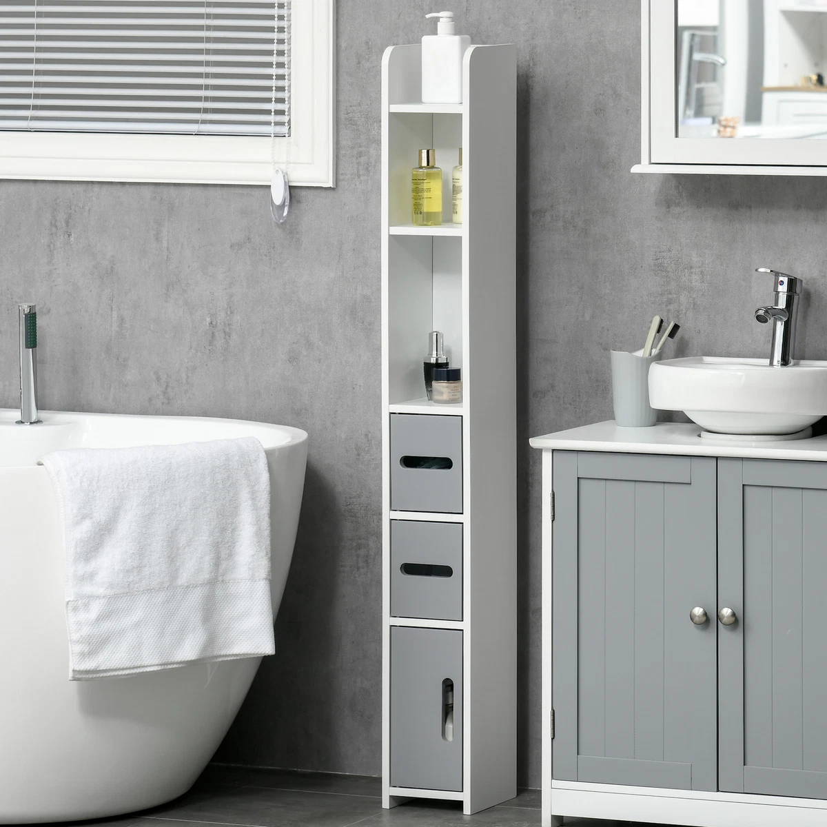 Tall Bathroom Storage Cabinet Freestanding Linen Tower Cabinet W