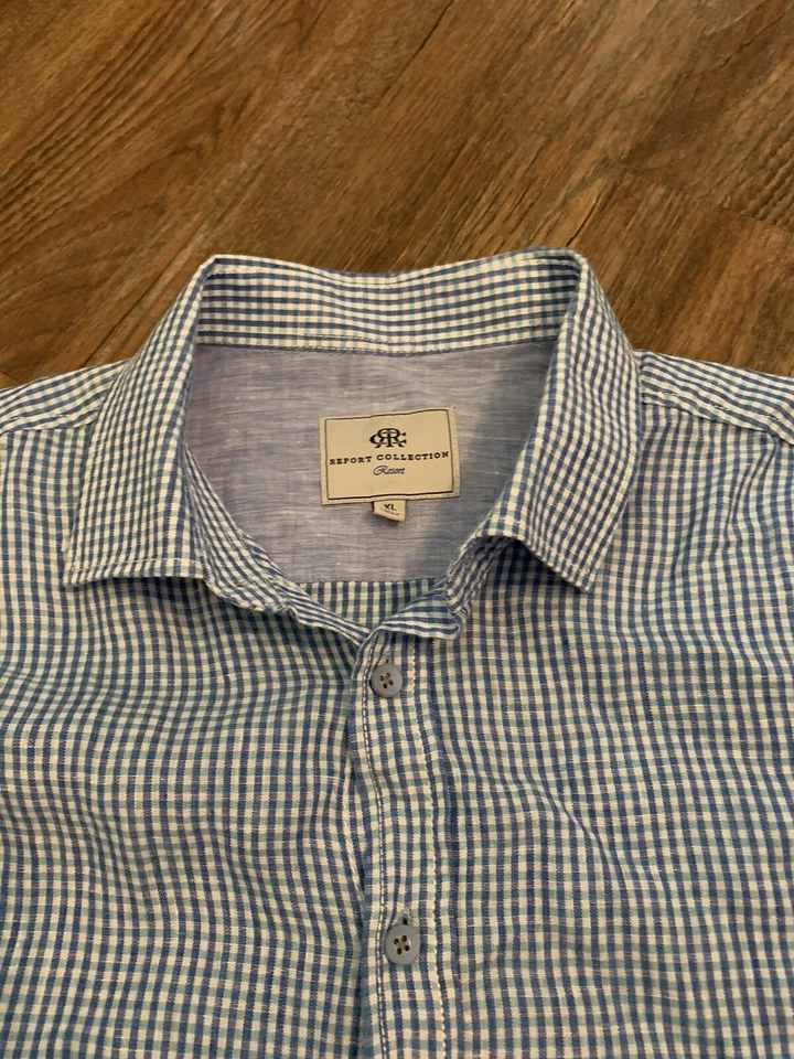 Men's Report Collection Resort Linen S/S Button Front Shirt XL Blue Check - Image 3 of 4