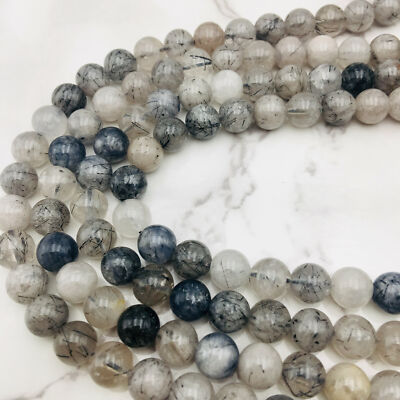 Black Cloudy Tourmalinated Quartz Smooth Round 6mm 8mm 10mm 12mm 15'' Strand