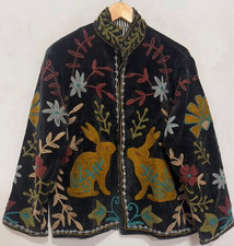 Ethnic Folk Embroidered Velvet Jacket Rabbit Design Bohemian Coat