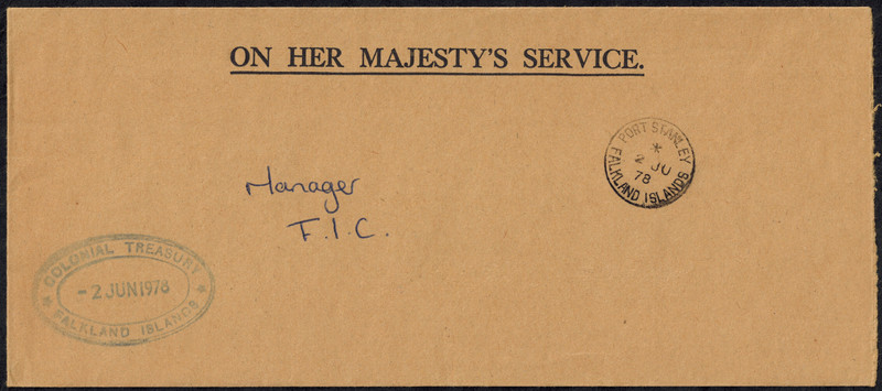 Falkland Islands 1978 OHMS Cover to FIC Manager w/ COLONIAL TREASURY DOUBLE OVAL