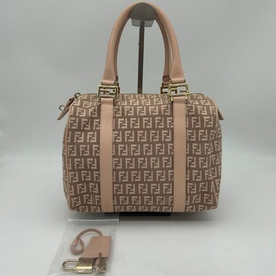 Fendi Zuccino Mini Boston Bag Canvas Leather Beige Pink 8BL068 Womens Authentic