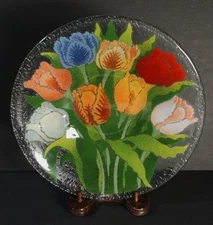 Peggy Karr 11" Glass Tulips Bowl Easter Centerpiece Spring Serving Bowl