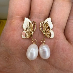 Authentic Natural Freshwater Pearl Earrings 14K Gold Plated Butterfly Handmade Dainty