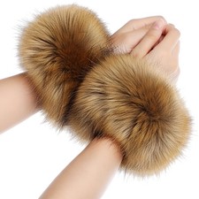 Women Faux Fur Wrist Cuffs Pair Warmers Winter Furry Windproof Arm Sleeves