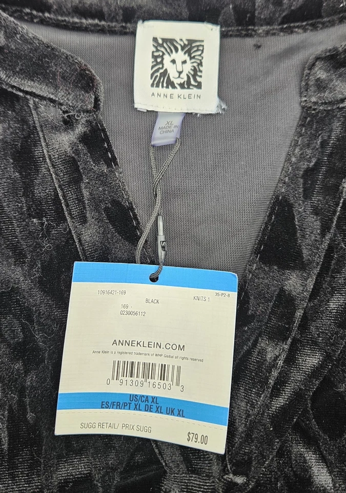 NWT Anne Klein Black Velvet Tunic Top, Leopard Pattern, Size XL, Long Sleeves - Image 3 of 4