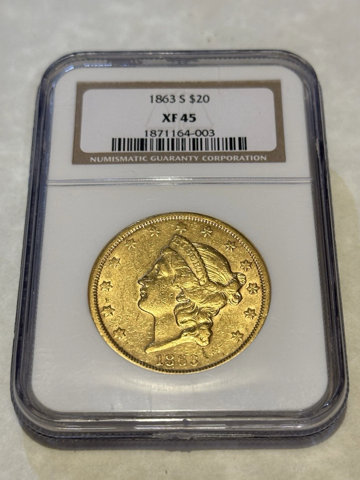 1863-S $20 NGC XF45 Liberty Double Eagle Gold Coin Civil War very nice (no PCGS)
