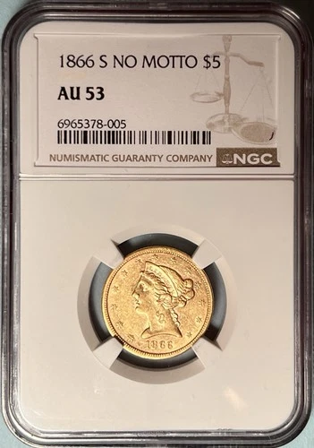 1866-S No Motto $5 Gold Half Eagle NGC AU53 — 9,000 Minted