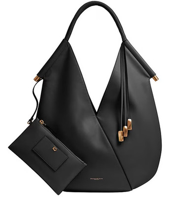 DONNA KARAN Large Shoulder Bag BALDWIN Zipper Pouch BLACK leather w/ Gold NEW