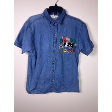 Effeci Vintage Denim Button Down Shirt Embroidered Farm Scene Sz M