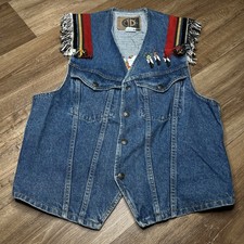 Women s Vintage Intenational Denim Vest Feathers Embroidery Size Medium Blue