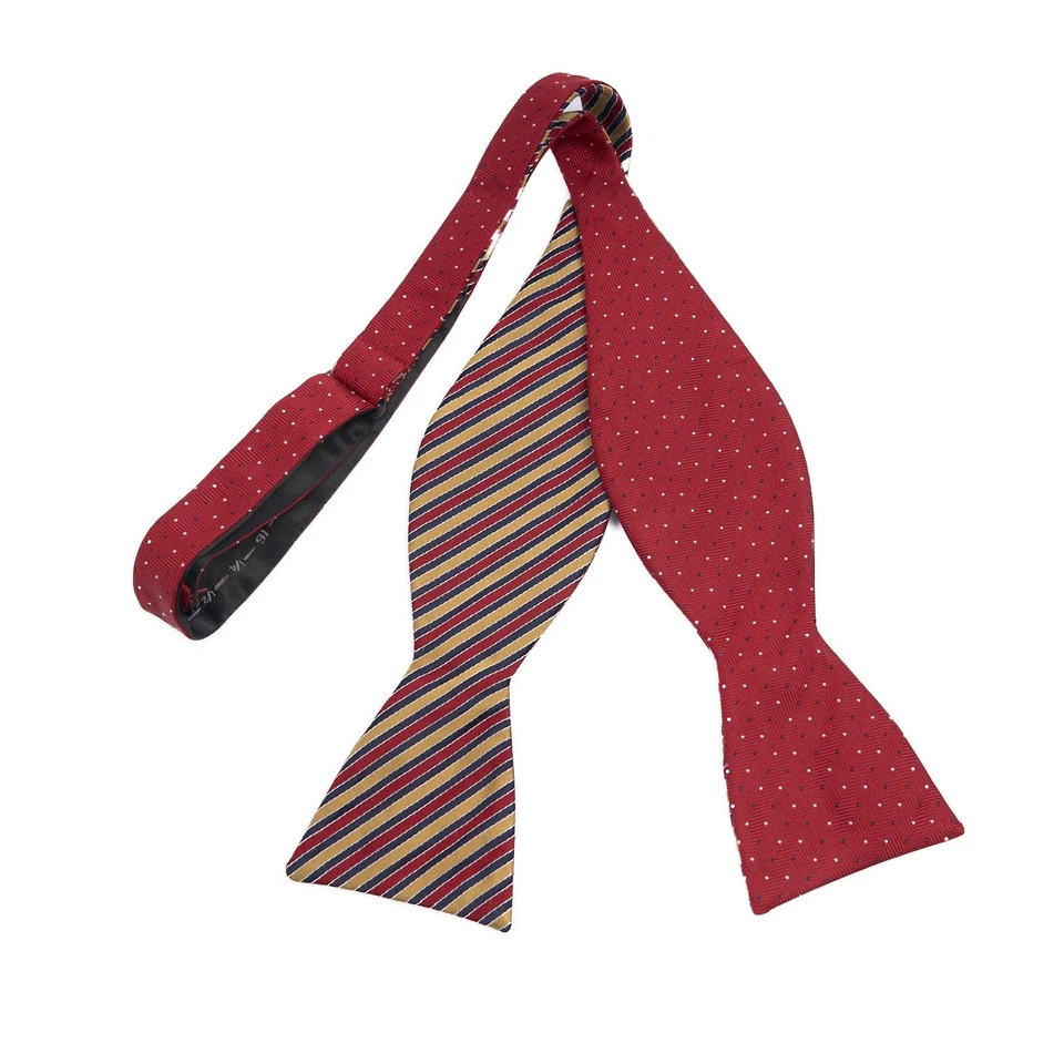 Pajarita de seda Saddlebred para hombre roja dorada reversible a rayas de lunares ajustable Foto 3 de 4