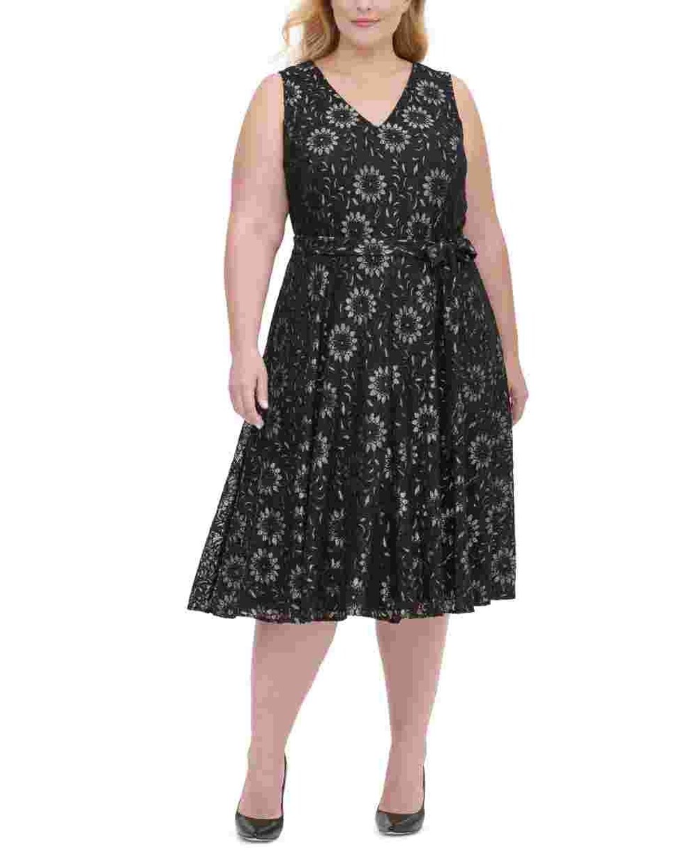 tommy hilfiger belted fit and flare dress Tommy Hilfiger L136612 Womens Yellow Printed Belted Fit & Flare Dress Size  12