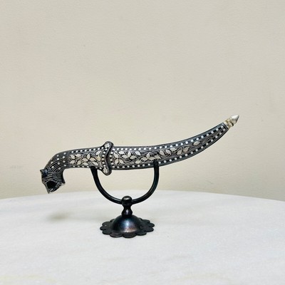 Indian handcrafted dagger with silver damascening & tiger head hand grip