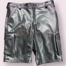 Men's Gay Hot Leather Short Black Color With Pink Lining Gay Leather Party Short