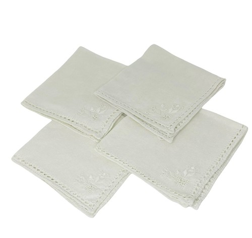 Vintage Set of 4 Dessert/ Cocktail Cloth Napkins Embroidered, Cutwork Edging MCM - Picture 2 of 12