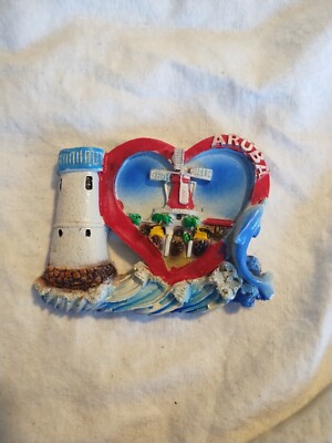 Vintage 3D Enamel Magnet Aruba Heart Shape Windmill Scene Souvenir Refrigerator